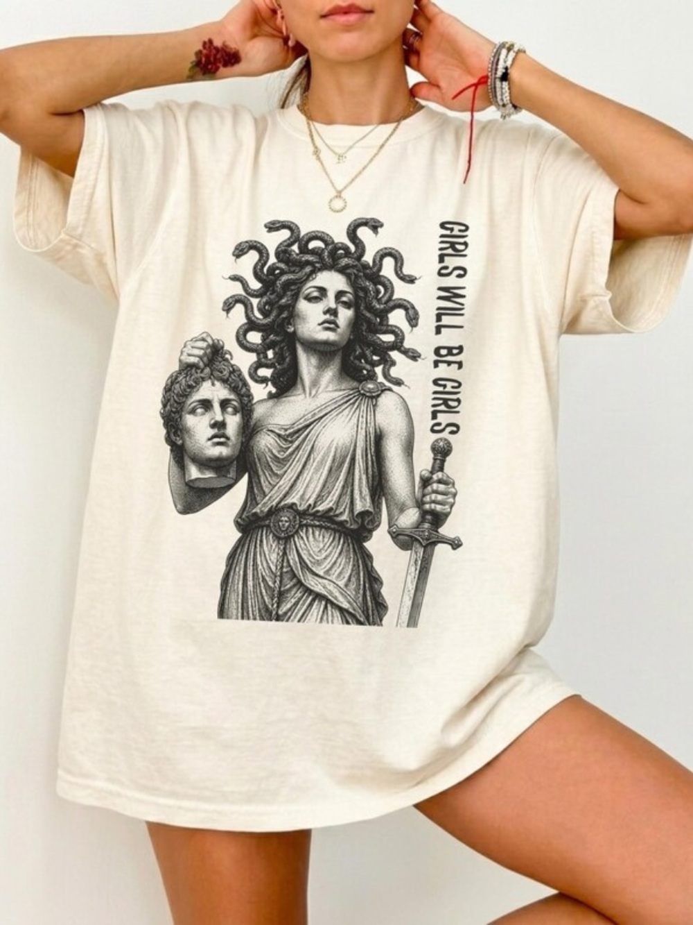Comfort Colors Ivory Girls Will Be Girls Graphic Tee with Medusa Artwork